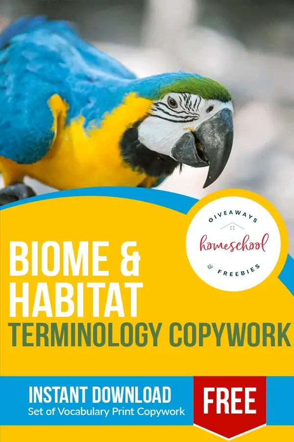 Biome & Habitat Terminology Copywork text with an image of a tropical bird