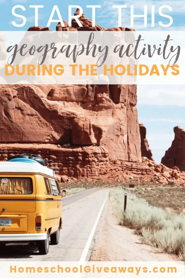 Start this Geography Giveaway During the Holidays text with image of a yellow van driving past a mountain