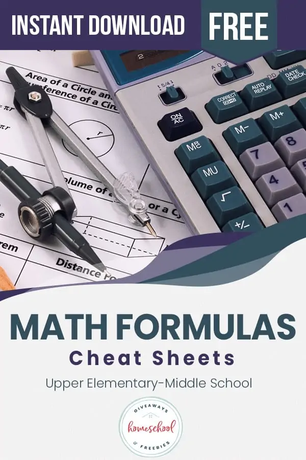 Math Formulas Cheat Sheets text with image of large calculator in the background