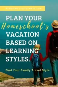 image of adult & child with back packs & hats looking at blue body of water from high cliff. Text overlay: Plan Your Homeschool\'s Vacation Based on Your Learning Style
