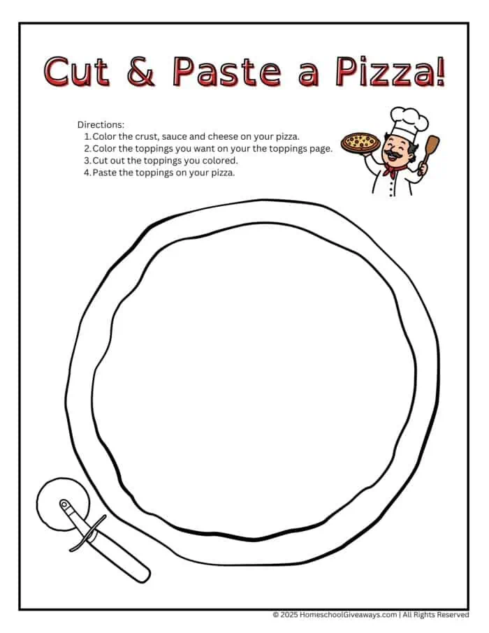 Pizza Cut & Paste Worksheets with pizza and toppings to color and glue