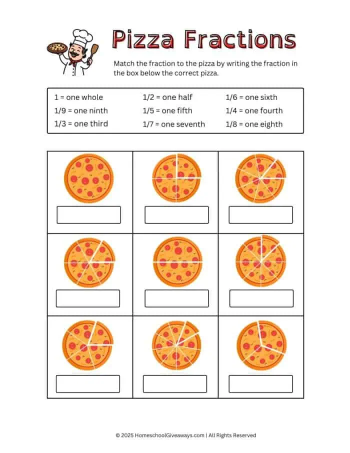 pizza fractions worksheet