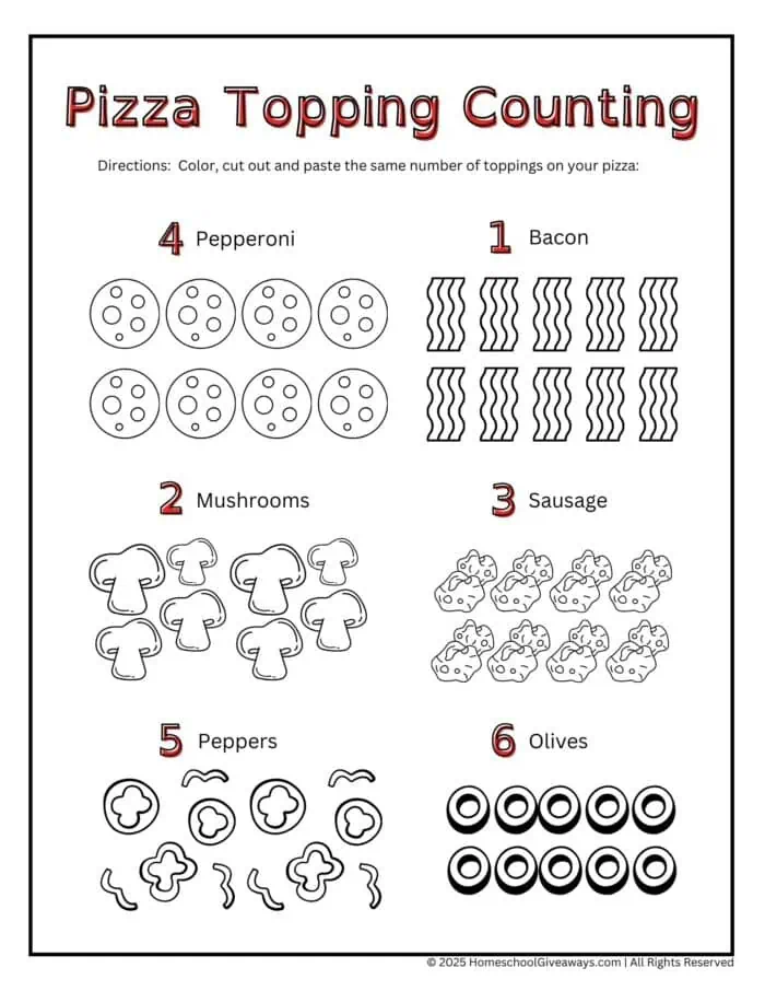 Pizza Number Counting Worksheet with pizza and toppings