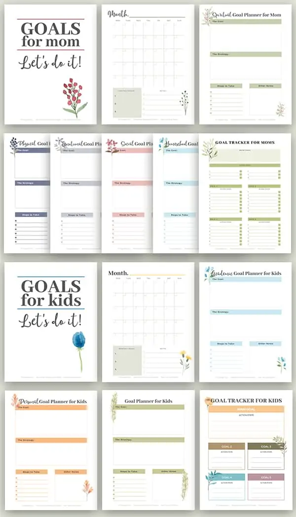 New Years Goals pages for moms and kids
