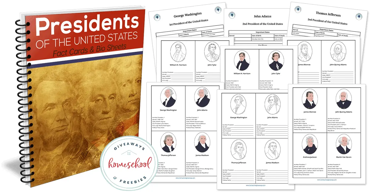 Presidents of the United States Fact Cards & Bio Sheets text with background images of examples