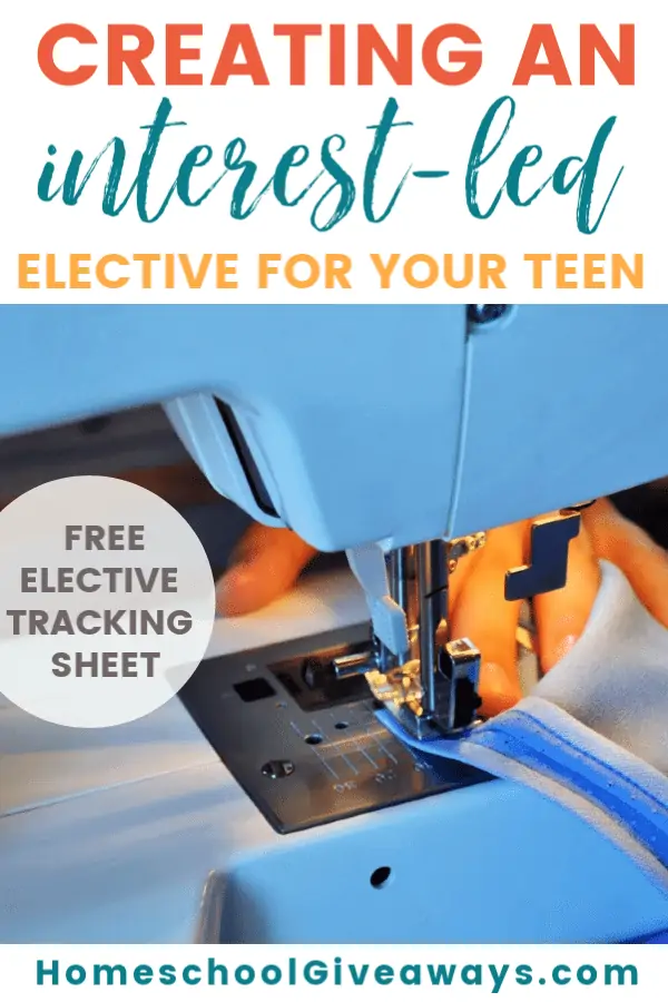 sewing machine with text overlay about interest-led electives for homeschool