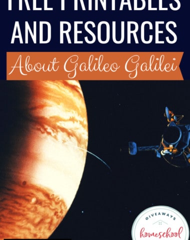 picture of outerspace with a satelite and text free printables and resources about Galileo Galilei .