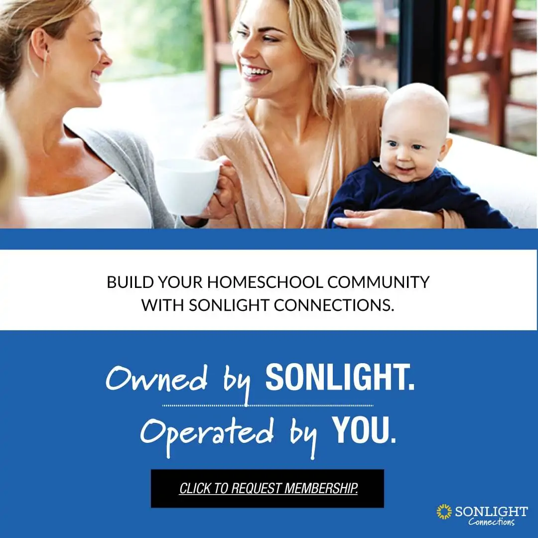 Build Your Homeschool Community with Sonlight Connections text with image of two moms and a baby