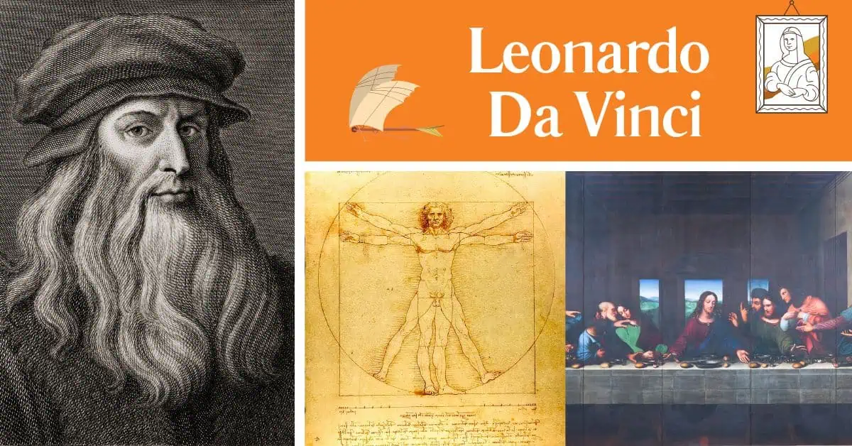 Leonardo da Vinci portrait, the Last Supper painting, Vitruvian Man drawing, graphic image on the Mona Lisa & drawing of his flying machine