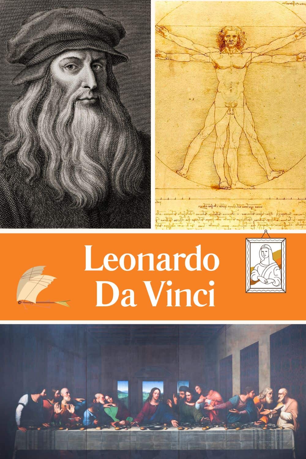 Leonardo da Vinci portrait, the Last Supper painting, Vitruvian Man drawing, graphic image on the Mona Lisa & drawing of his flying machine