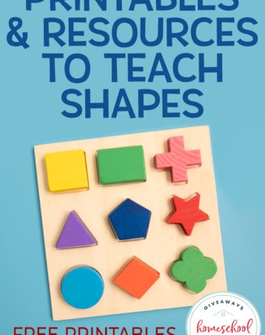 shape matching toddler toy on blue background with overlay that says "Printables & Resources to Teach Shapes - Free Printables & Activities"