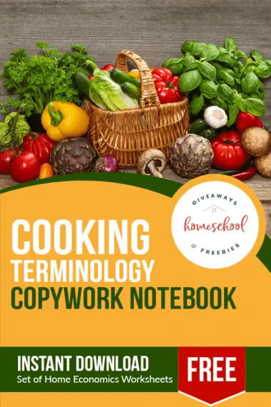 Cooking Terminology Copywork Notebook text with image of multiple different fruits and vegetables in and out of a basket