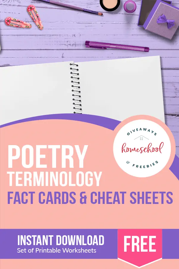 Poetry Terminology Fact Cards & Cheat Sheets text with background image of a blank notebook left open next to a pen on a table