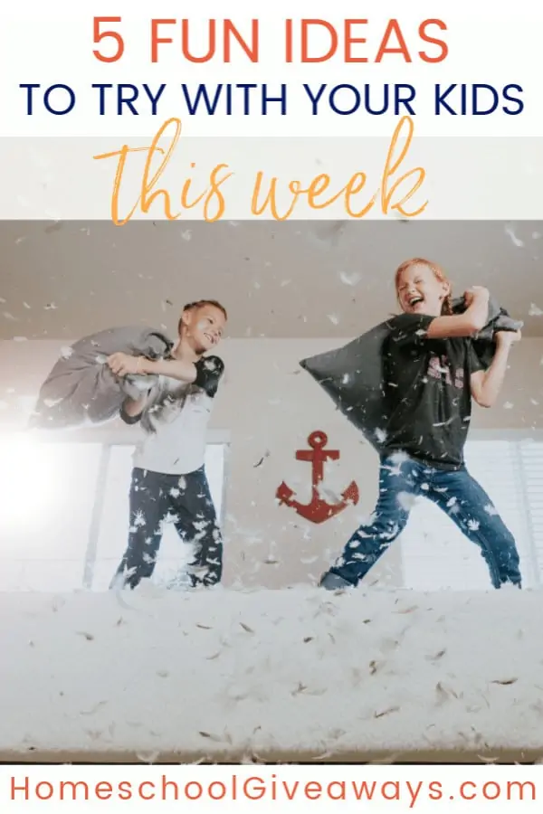 5 Fun Ideas to Try With Your Kids This Week text with image of two boys pillow fighting