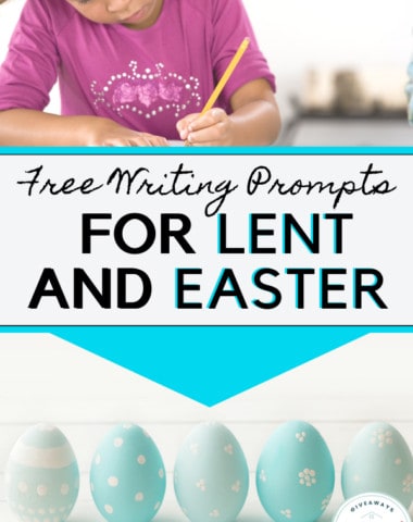 free writing prompts for lent and easter text with girl with a lencil and easter eggs.