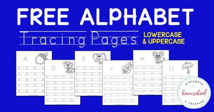 Free Alphabet Tracing Pages Lowercase & Uppercase text with image examples of pages over a blue colored background