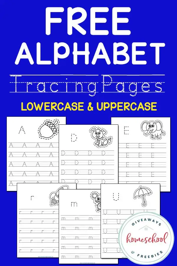 Free Alphabet Tracing Pages Lowercase & Uppercase text with image examples of printable worksheets over a blue background
