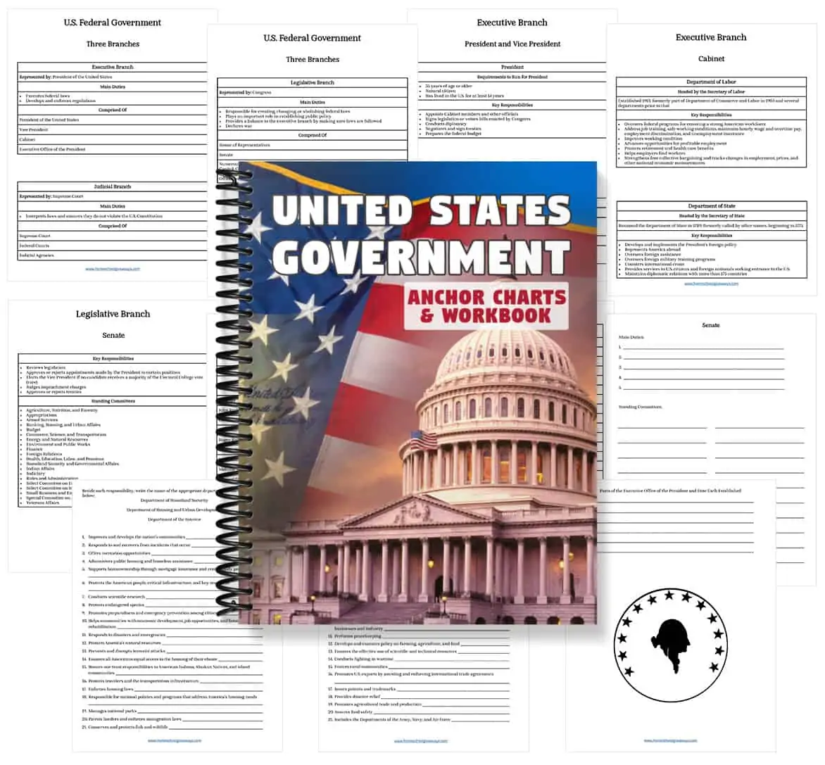 United States Government workbook cover with background image examples of pages from the workbook