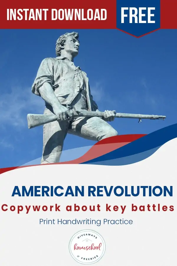 American Revolution Copywork About Key Battles text with image of a statue