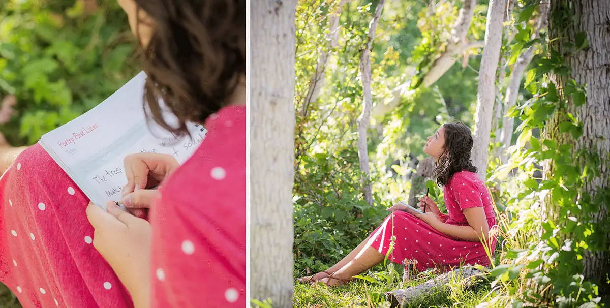 an image of a girl sitting outside with a nature notebook