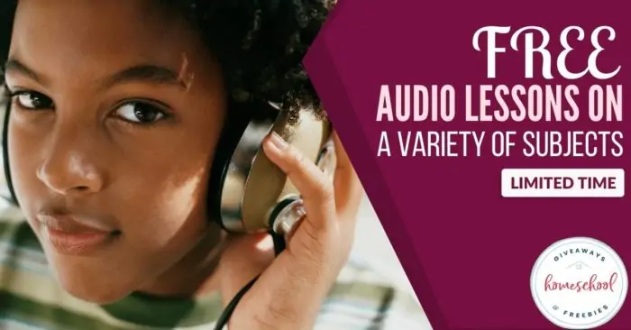 Free Limited Time Audio Lessons on a Variety of Subjects text with image of a kid wearing headphones