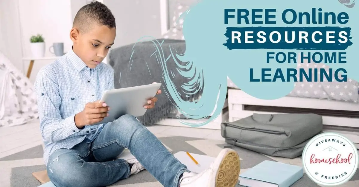 Free Online Resources for Home Learning text with image of a kid using a tablet