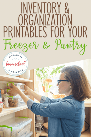 woman organizing her pantry shelves with overlay "Inventory & Organization Printables for Your Freezer & Pantry"