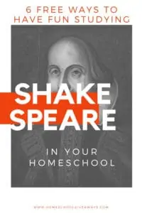 Image of Shakespeare with text overlay. Let's Study Shakespeare: 6 Free Ways To Have Fun With Shakespeare In Your Homeschool