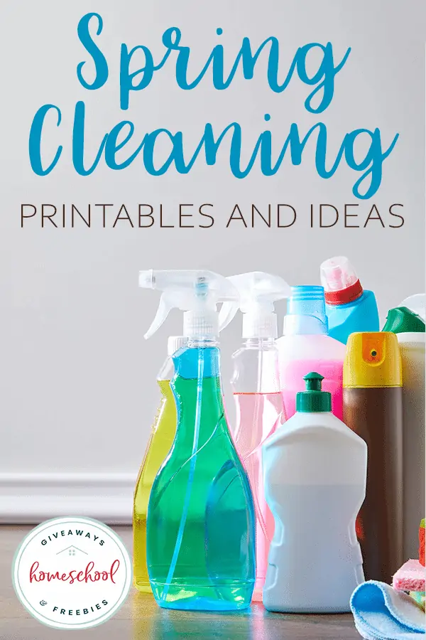 Spring Cleaning Printables and Ideas text and image of multiple cleaning supply bottles and cans