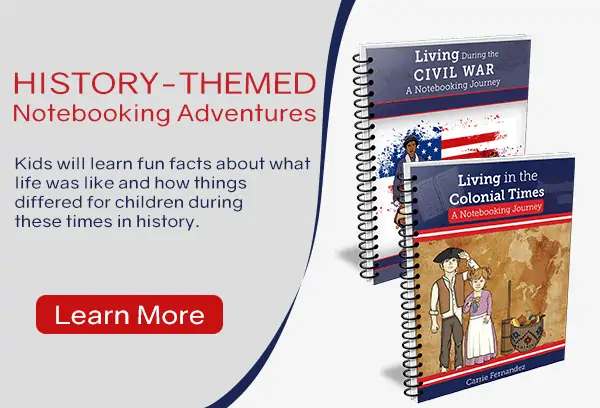 History Themed Notebooking Adventures text with image examples of workbook covers
