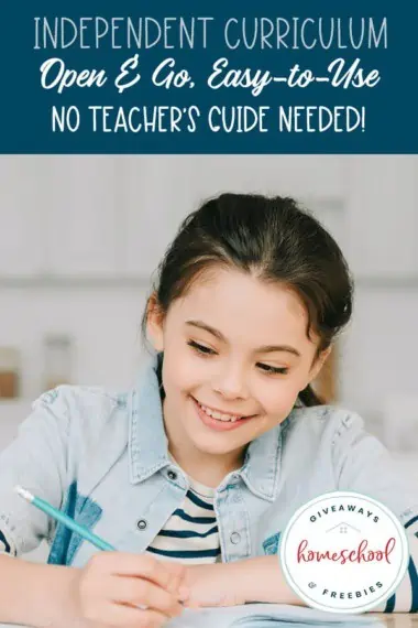 Independent Curriculum Open & Go Easy-to-Use No Teacher's Guide Needed text with image of a girl smiling and holding a pencil