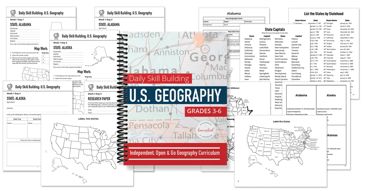 U.S. geography learning worksheets for grades 3-6