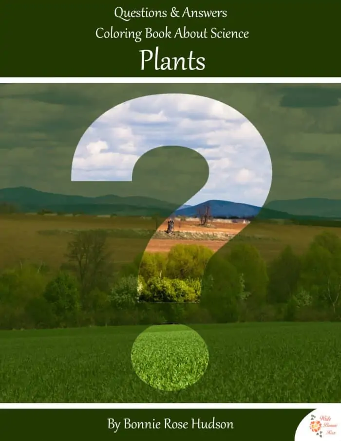 Questions and Answers Coloring Book About Science Plants text with image background of an open field