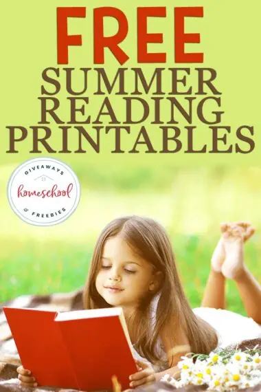 young girl reading outside in summer with overlay - FREE Summer Reading Printables