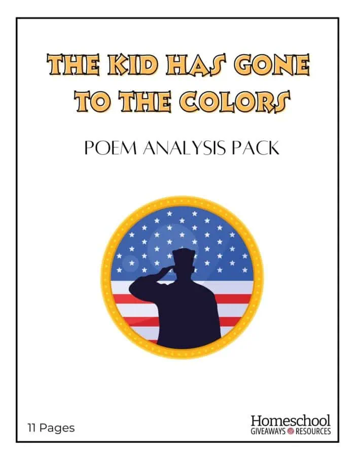 cover page of our "The Kids has Gone to the Colors" poem analysis pack with shadow of a soldier saluting the US flag