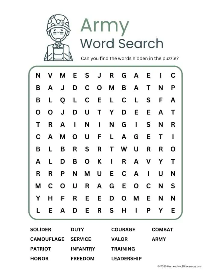 army word search that includes words such as patriot, courage, valor and more