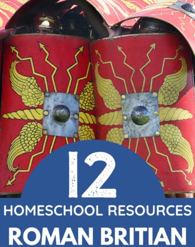 image of Roman military shields with thet overlay 12 homeschool resources about Roman Britain fomwww.HomeschoolGiveaways.com