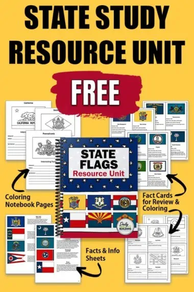 yellow background, worksheets and fact cards for state flags with text overlay