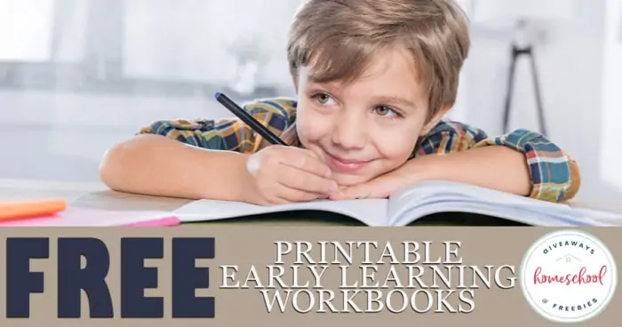 early learning writing in workbook with overlay "FREE Printable Early Learning Workbooks"