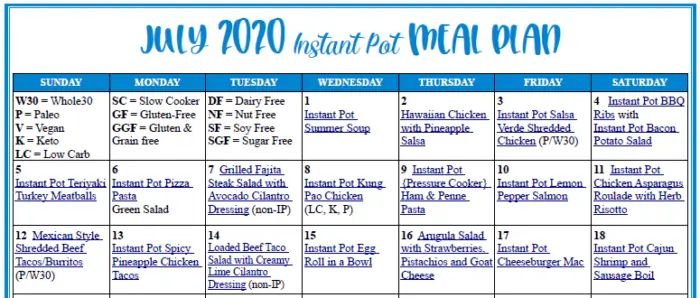 July 2020 Instant Pot Meal Plan Calendar image example