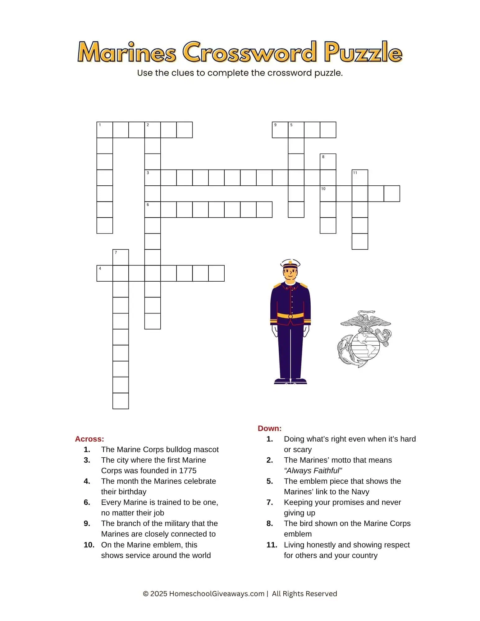 US Marines crossword puzzle with 12 clues, a marine corps emblem to color and a graphic marine in dress blues