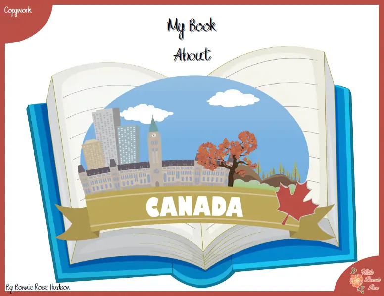 My Book About Canada text with image of animated book open