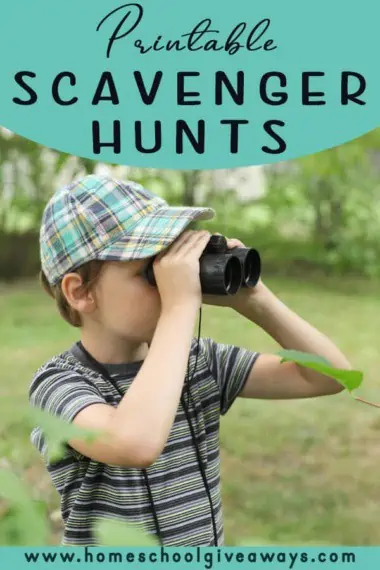 Printable Scavenger Hunts text with image of a boy wearing a hat and using binoculars outside