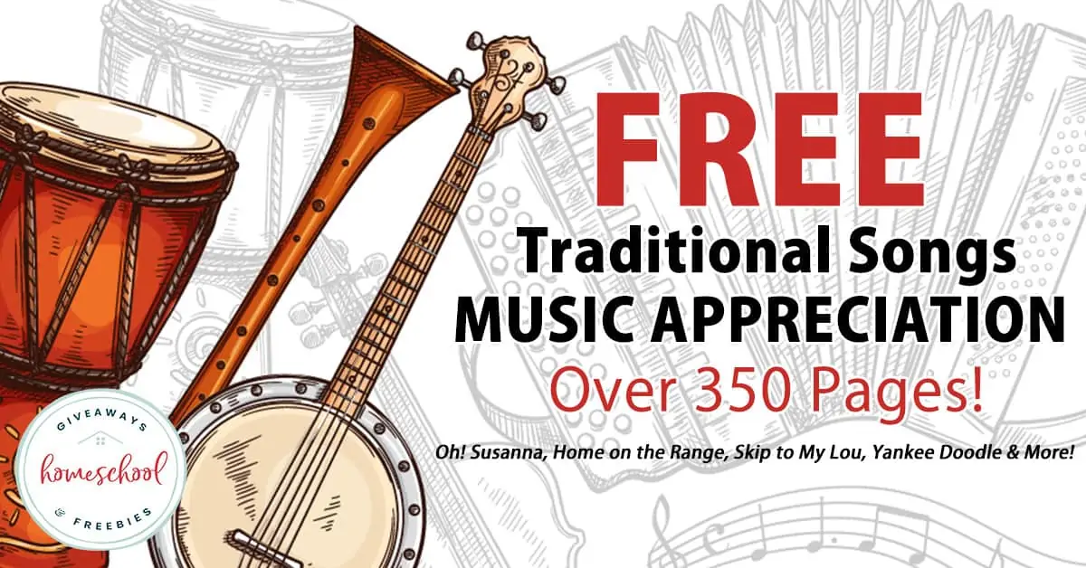 Free Traditional Music Appreciation text with background image of various illustrated instruments