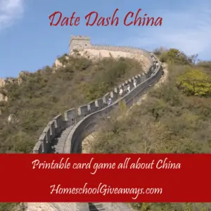 Date Dash China Printable Card Game All About China text with image background of the Great Wall of China