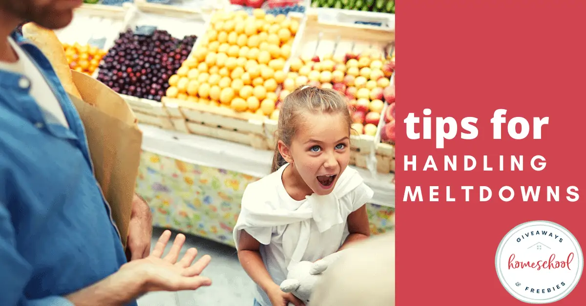 Tips for Handling Meltdowns text with image of a girl screaming in a grocery store