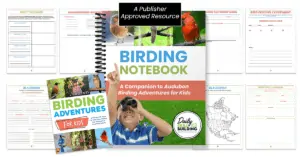 Bird Notebooking text and image of workbook cover and background of page examples from the workbook