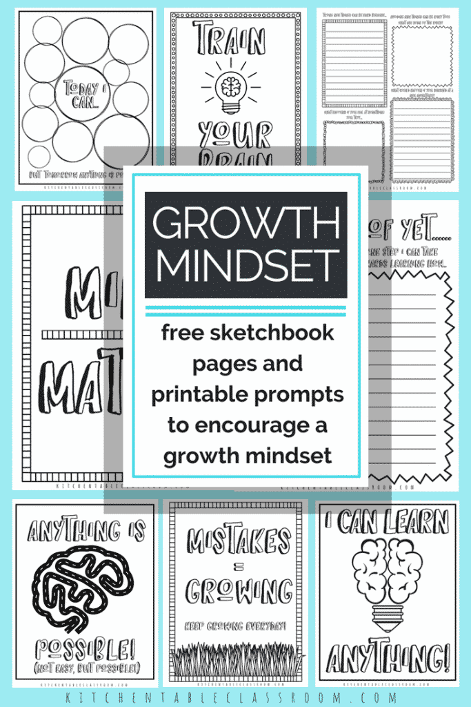 Growth Mindset text with image background of sketchbook and writing prompt page examples
