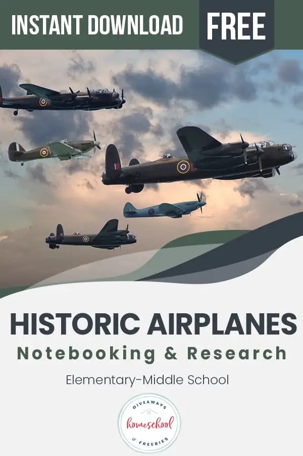 Historic Airplanes Notebooking & Research text with image of multiple airplanes flying in the air
