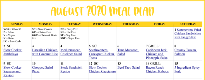 sample of August 2020 Meal Plan
